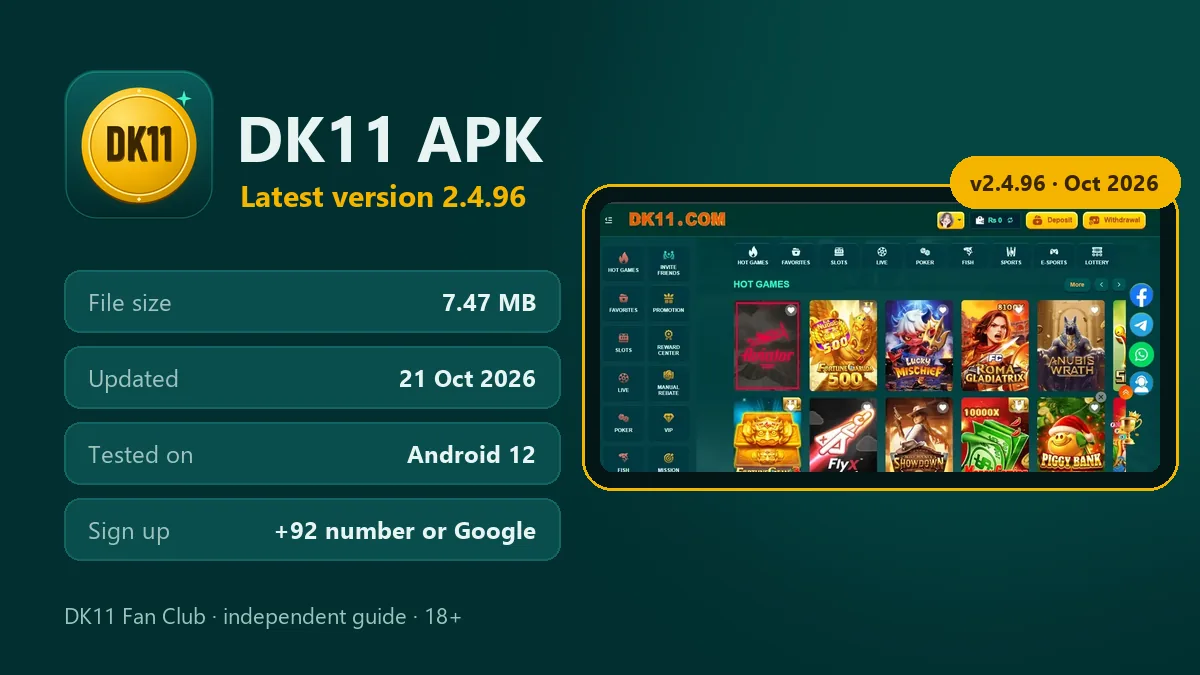 DK11 APK download version 2.4.96: 7.47 MB, updated 21 Oct 2026, tested on Android 12, with the DK11 app lobby