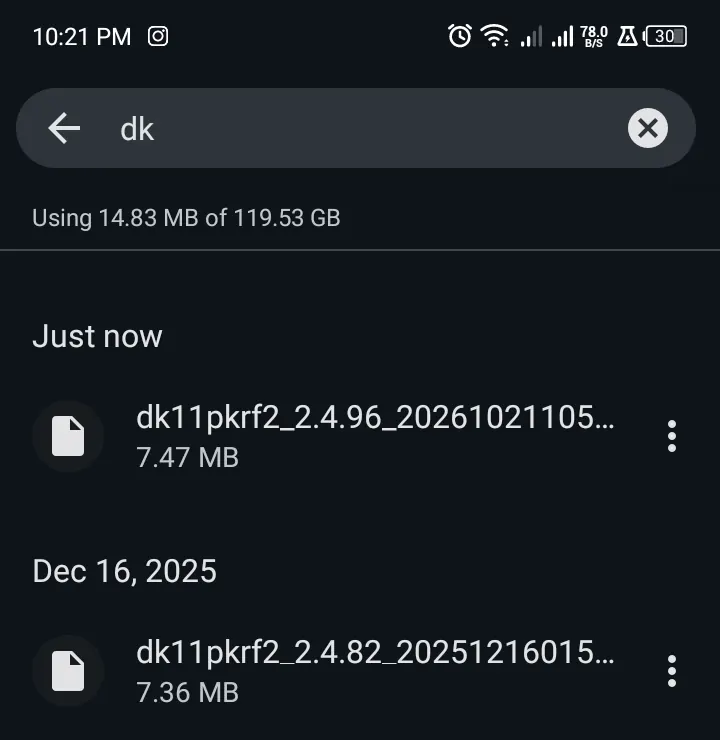 DK11 APK file dk11pkrf2 version 2.4.96 (7.47 MB) downloaded on an Android phone, next to the older version 2.4.82