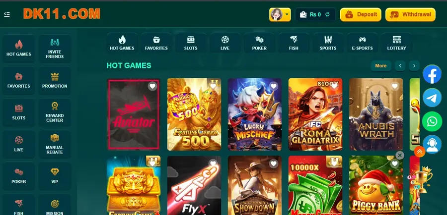 DK11 app home screen with Deposit and Withdrawal buttons and the Hot Games section showing Aviator, Fortune Garuda and Roma Gladiatrix