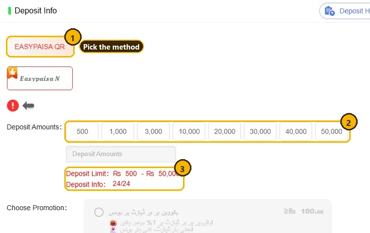 DK11 deposit screen with numbered steps: 1 Easypaisa QR method, 2 quick amounts, 3 deposit limit Rs 500 to Rs 50,000
