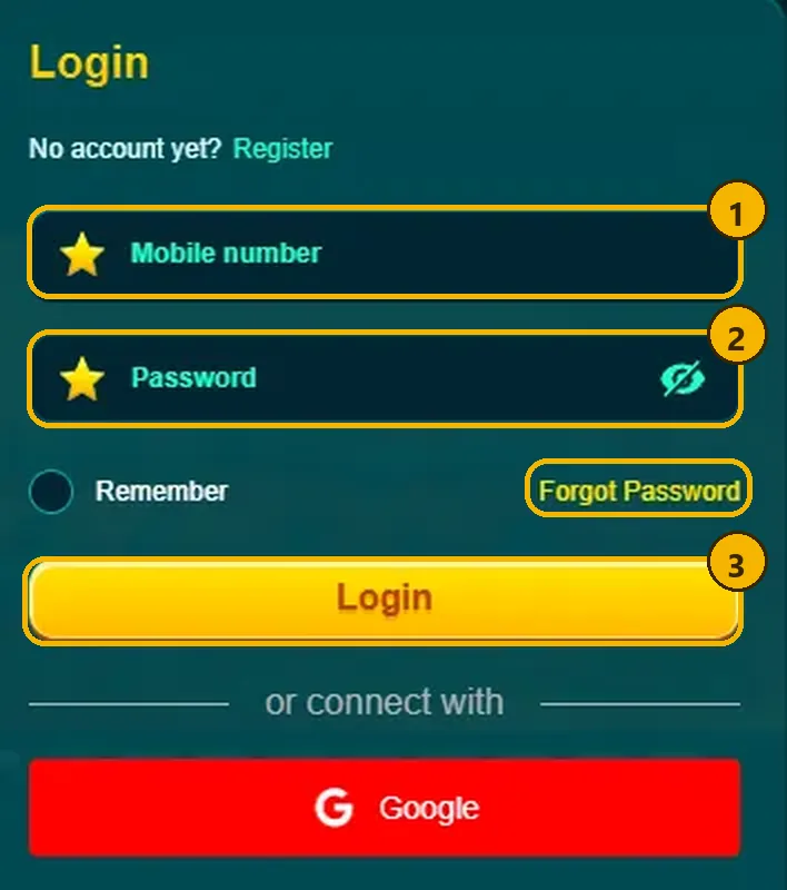DK11 login screen with numbered steps: 1 mobile number, 2 password, 3 Login button, plus the Forgot Password link highlighted