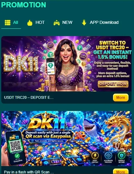 DK11 promotions page with the USDT TRC20 1.5% deposit bonus and the Easypaisa QR scan deposit offers