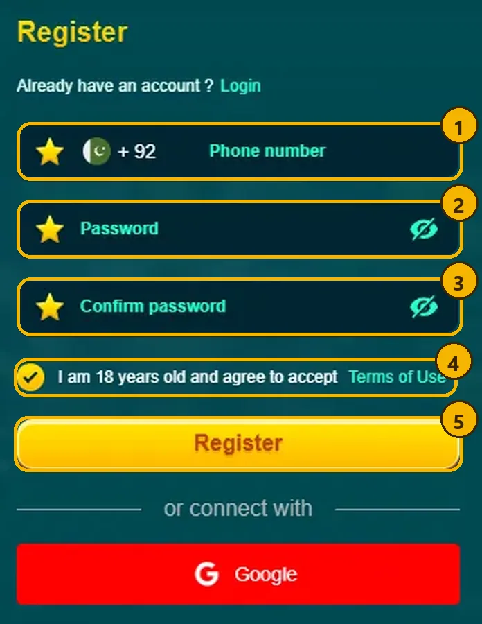 DK11 register form with numbered steps: 1 +92 phone number, 2 password, 3 confirm password, 4 tick 18+, 5 Register button